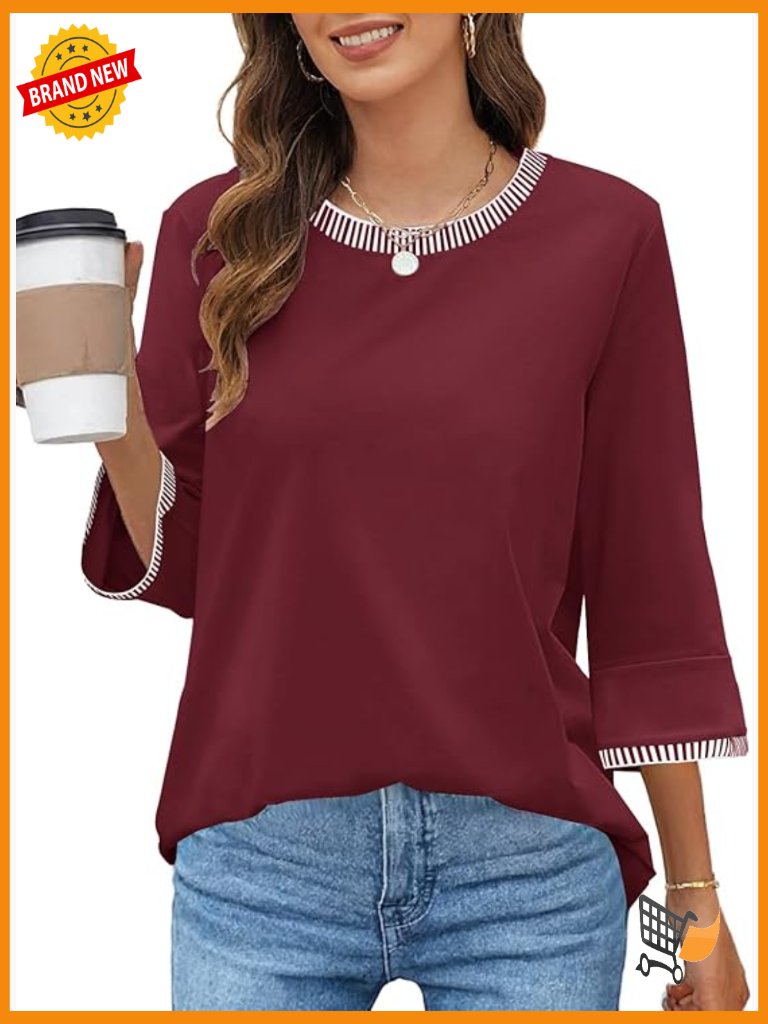 3/4 Bell Sleeve Crew Neck Blouse Dressy Casual Tunic Top Loose Fit Spring Tee